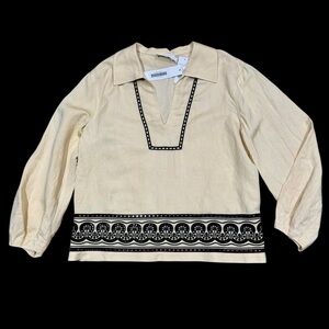Jonathan Simkhai Sz M Blouse Cream Black Eyelet Embroidery Linen Viscose Preppy